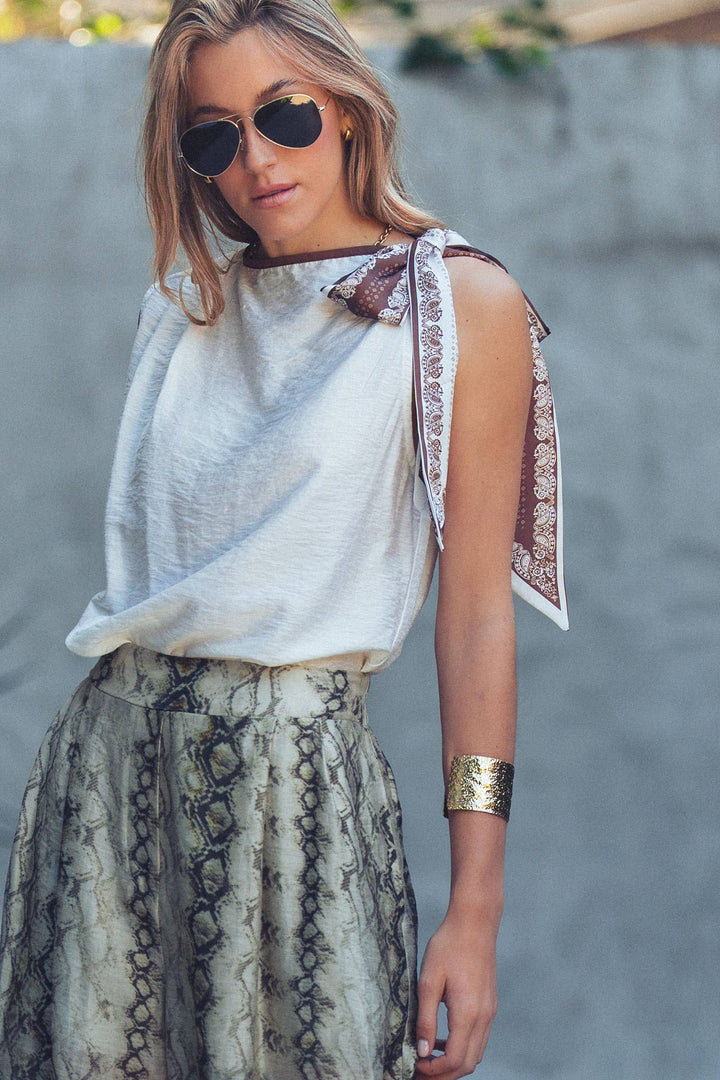 Paisley Scarf Tie Shoulder Linen Blend Top: White / S-M-L:2-2-2