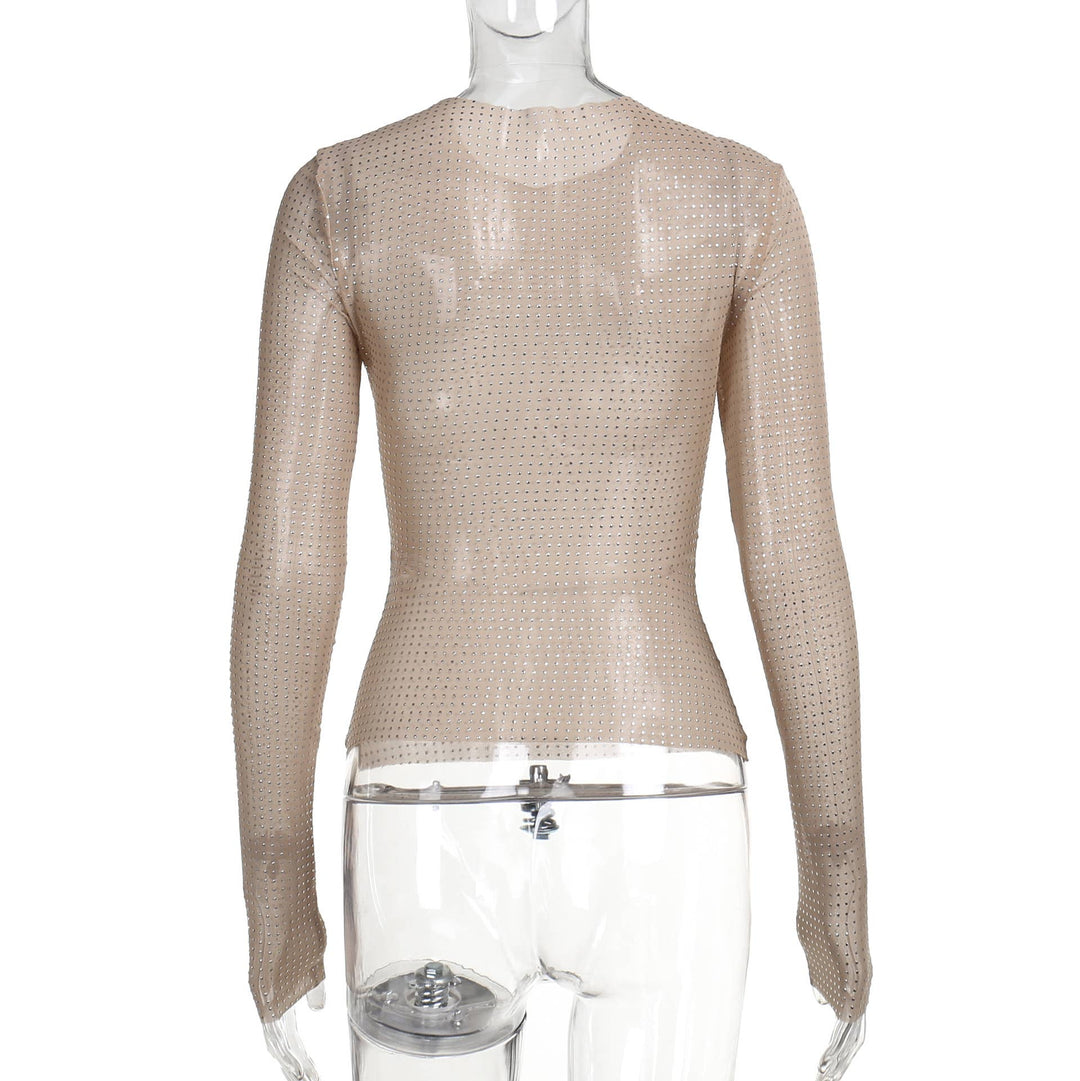 Sexy y2k rhinestone sheer top mesh long-sleeves shirt: Flesh