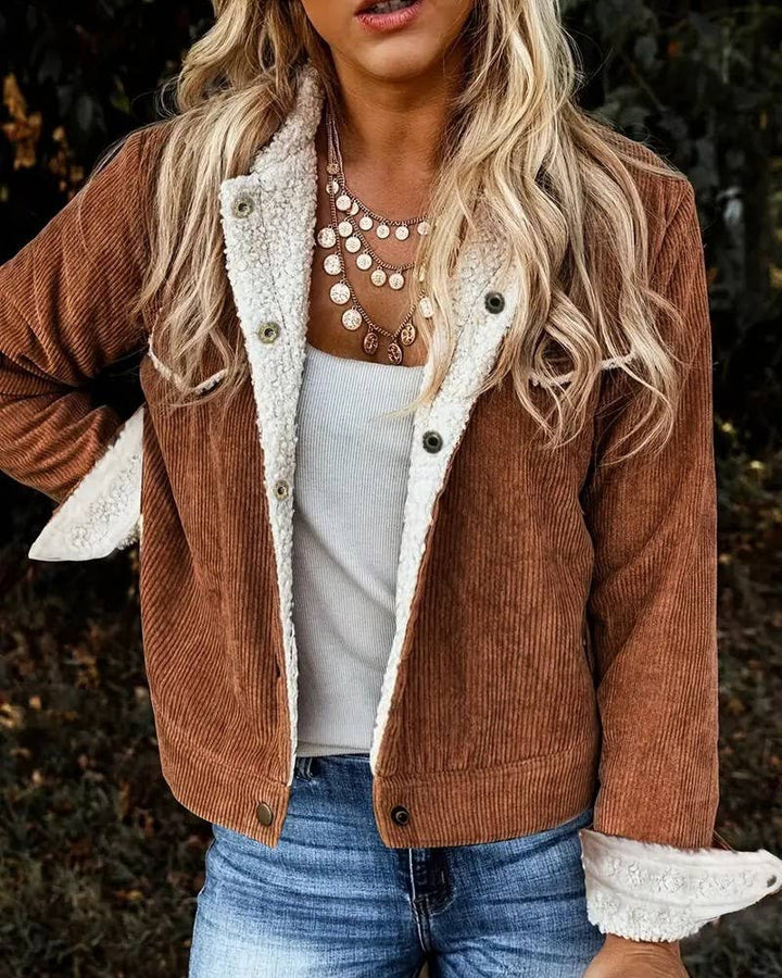 Vintage Corduroy Sherpa Lined Button Front Jacket: Curry