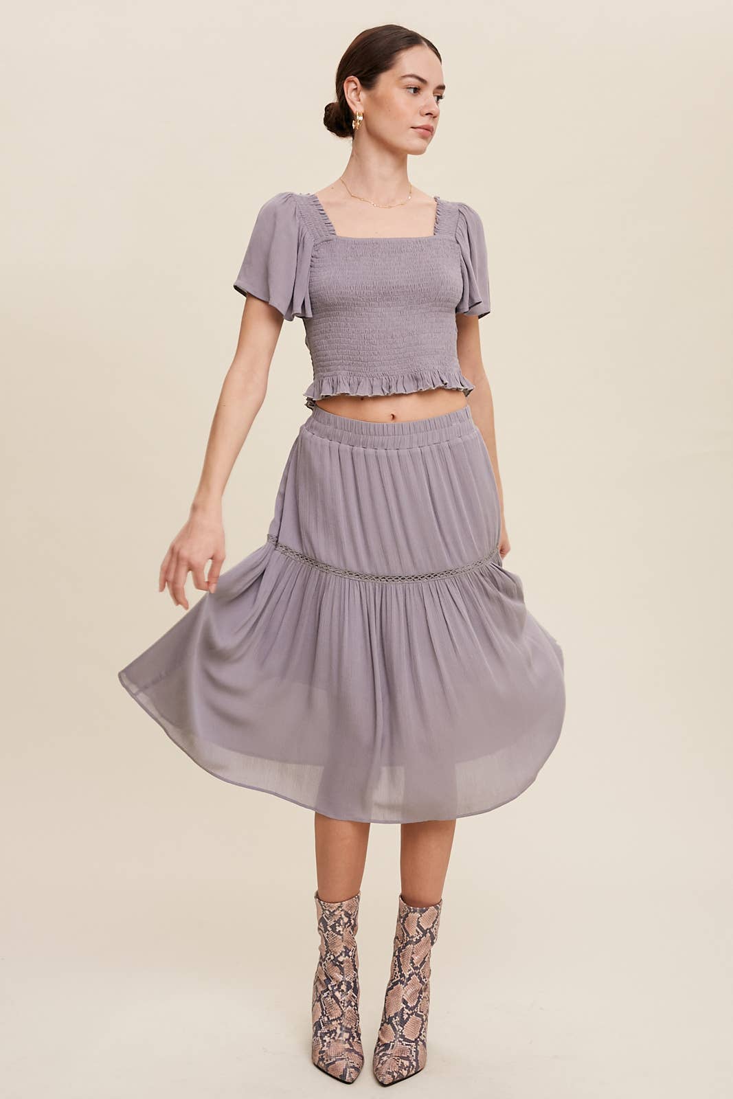 Smocked Crop Top & Tiered Midi Skirt Set: Gray