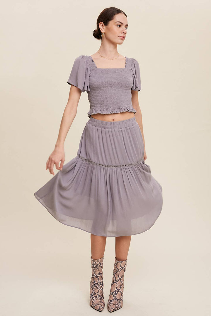 Smocked Crop Top & Tiered Midi Skirt Set: Gray