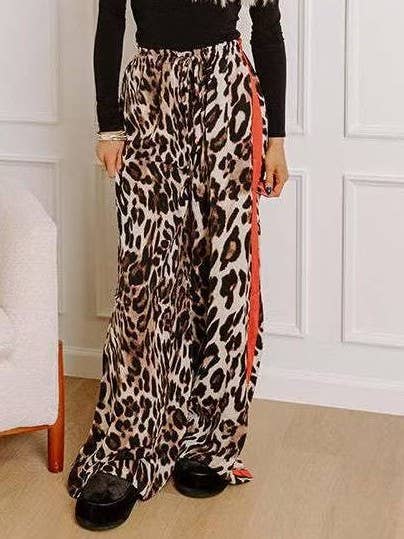 Leopard Print Patchwork Elegant Wide-Leg Women's Pants: Yellow / M