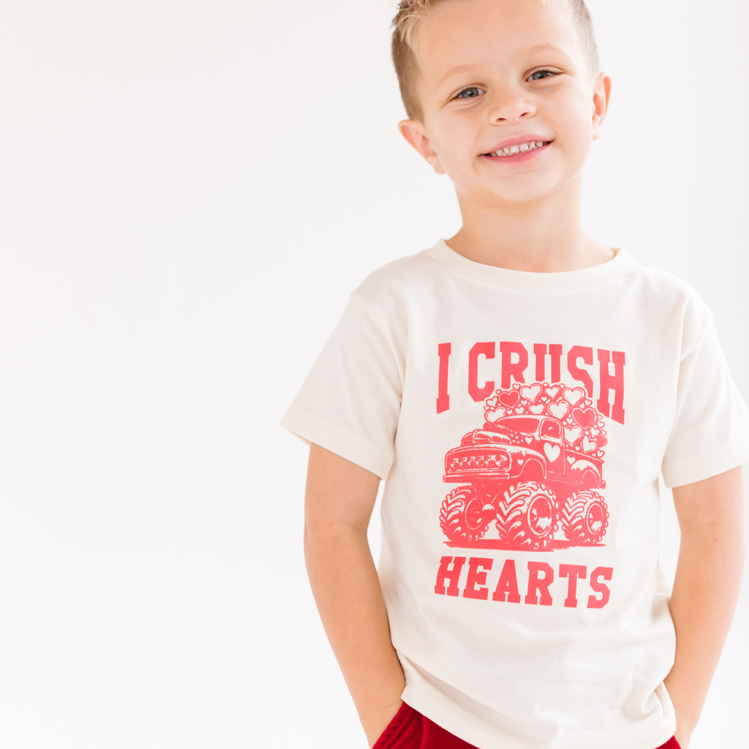 I Crush Hearts Monster Truck Valentines Day Kid Shirt    : Natural