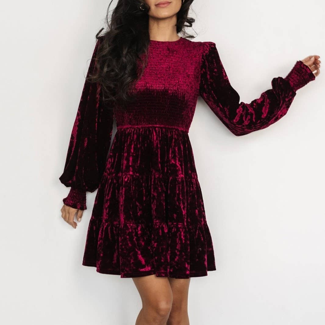 Velvet Ruffled Crewneck Dress: DarkGreen / S