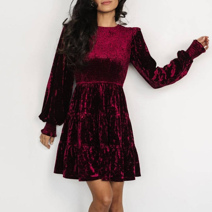 Velvet Ruffled Crewneck Dress: DarkGreen / S