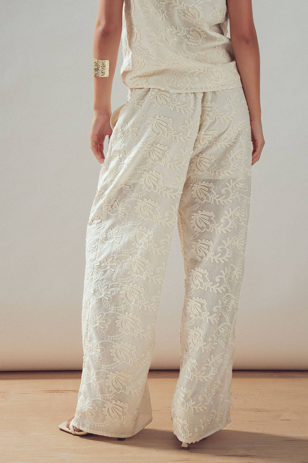 Floral Embroidered Cotton Top And Pant Set: IVORY