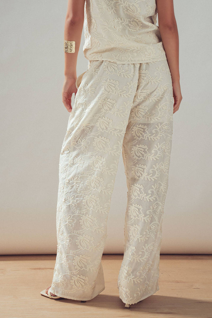 Floral Embroidered Cotton Top And Pant Set: IVORY