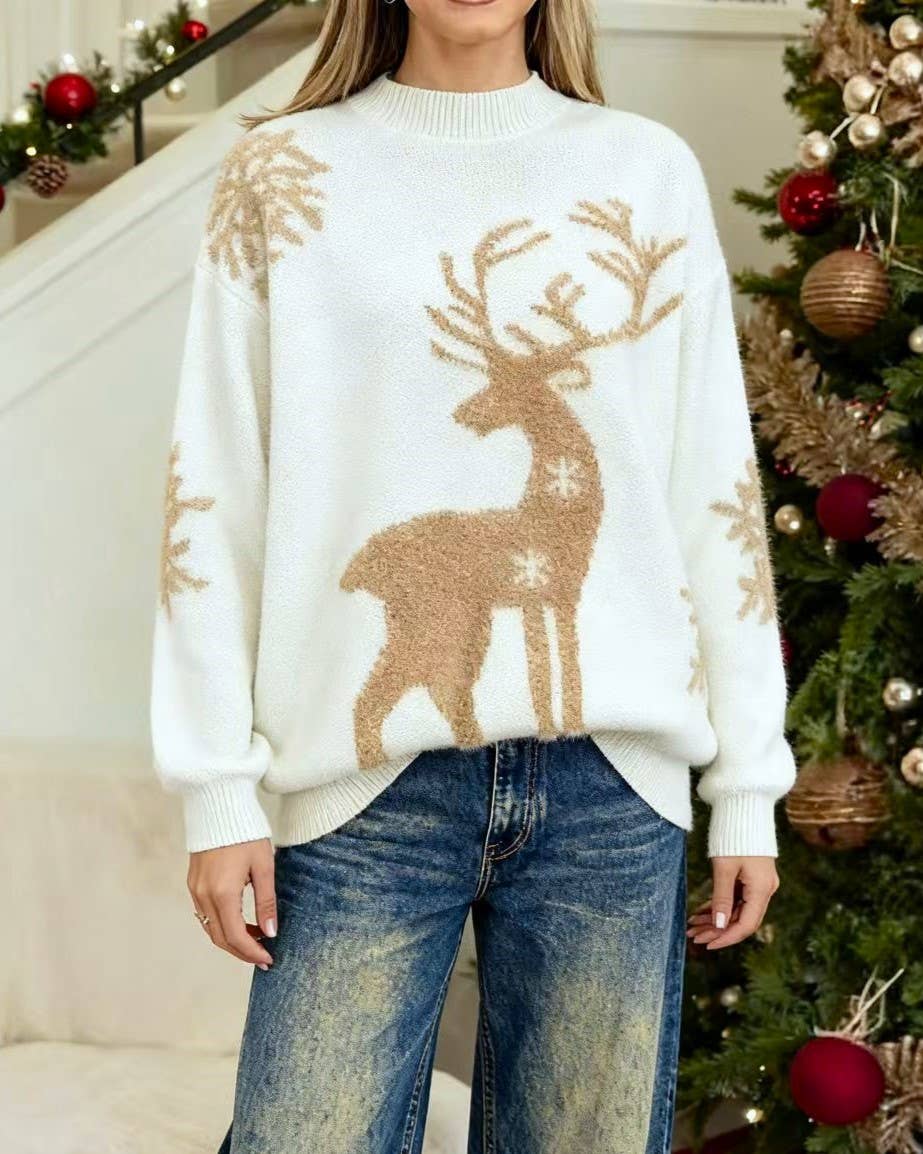 Christmas Deer Jacquard Round Neck Knit Sweater: Camel / M