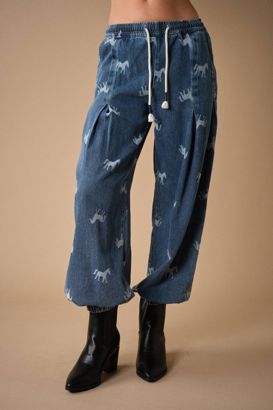 Horse Print Denim Jogger Pants