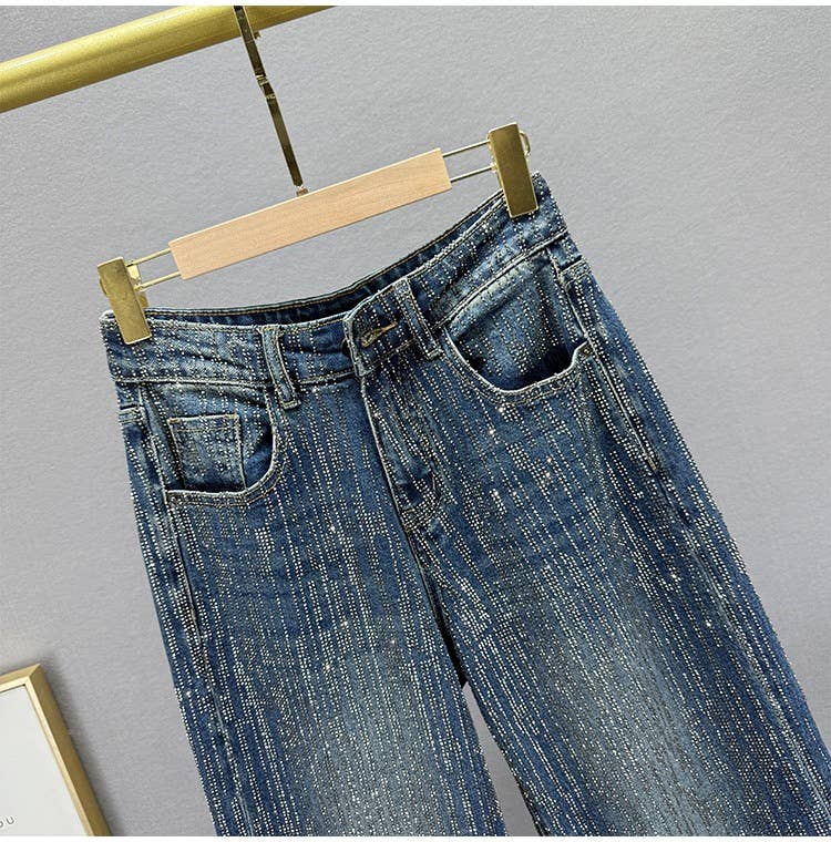 PT39Y All Over Rhinestone High Waist Wide Leg Jeans: Blue / English / S