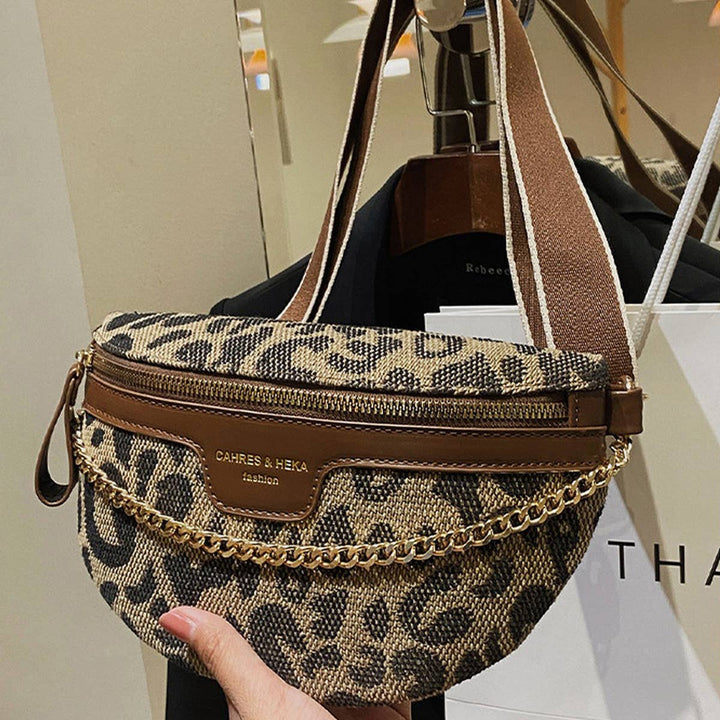 LEOPARD PRINT BLACK CHAIN STRAP FANNY BELT BAG_CWAB0923: BLACK1 / (OS) 1