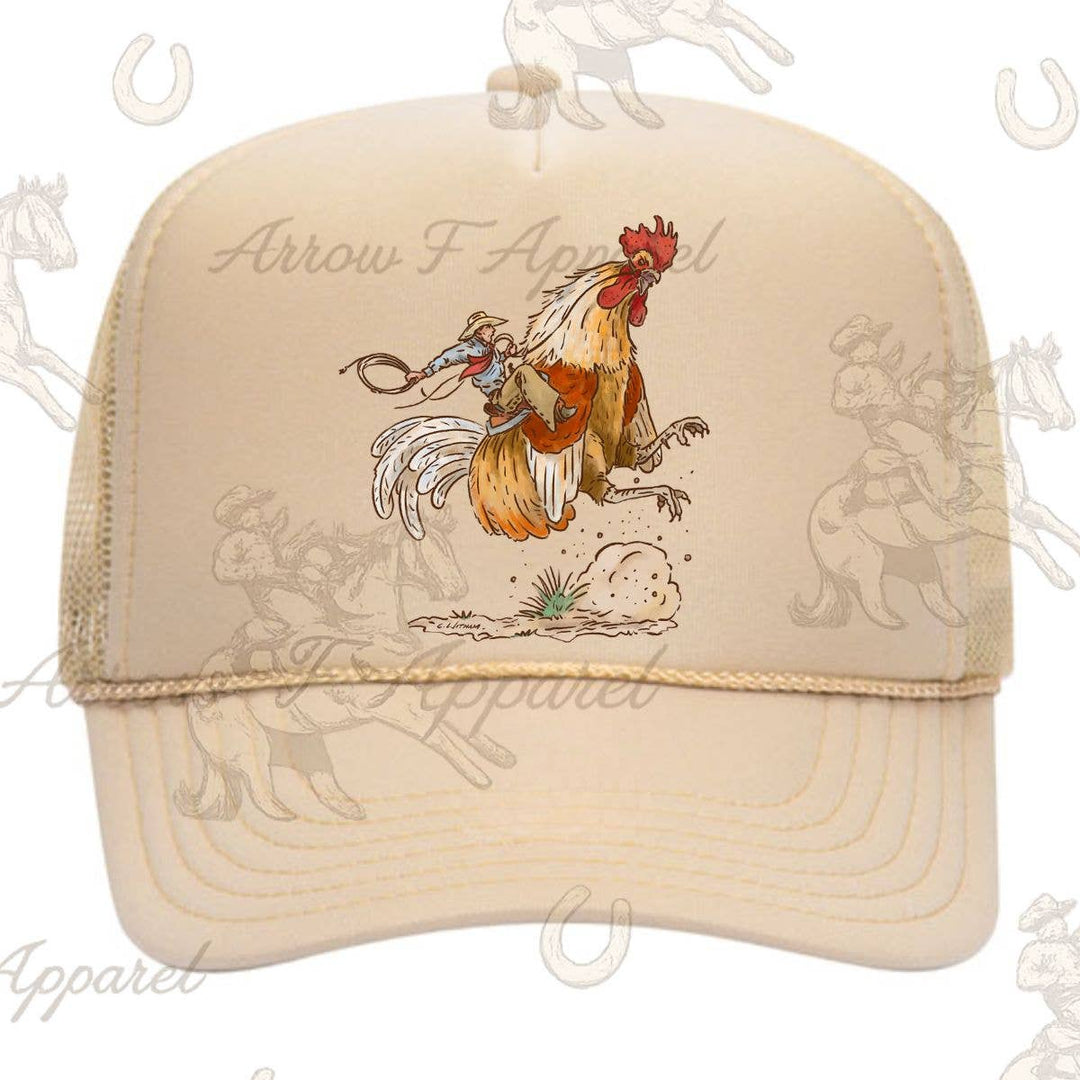 Cody Rank Rooster Trucker Hat: Adults / Beige