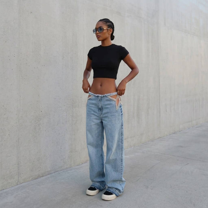 Star Detail Bleached Baggy Jean Pants