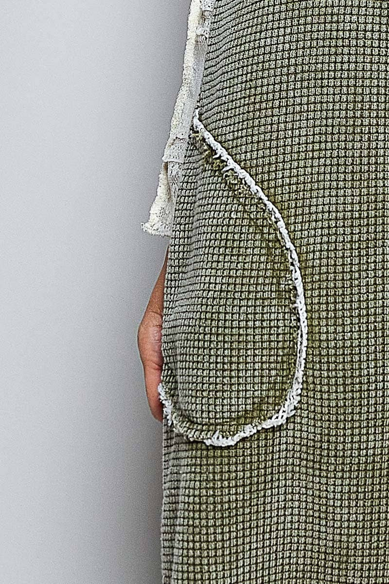 Thermal Cotton Lace Rib Placket Metal Snap Wide Leg Overall