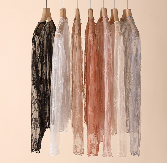 Semi Sheer Mesh Floral Lace Layering See Through Top: Beige / M