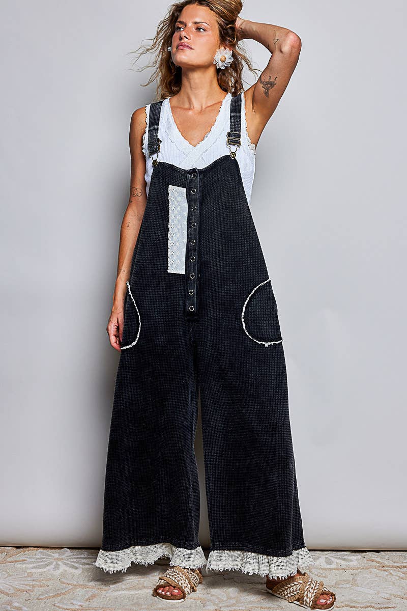 Thermal Cotton Lace Rib Placket Metal Snap Wide Leg Overall