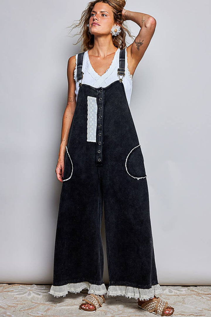 Thermal Cotton Lace Rib Placket Metal Snap Wide Leg Overall