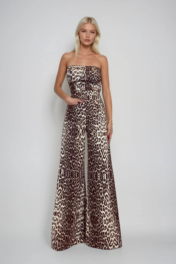WIDE LEG LEOPARD PRINT TUBE DENIM JUMPSUIT