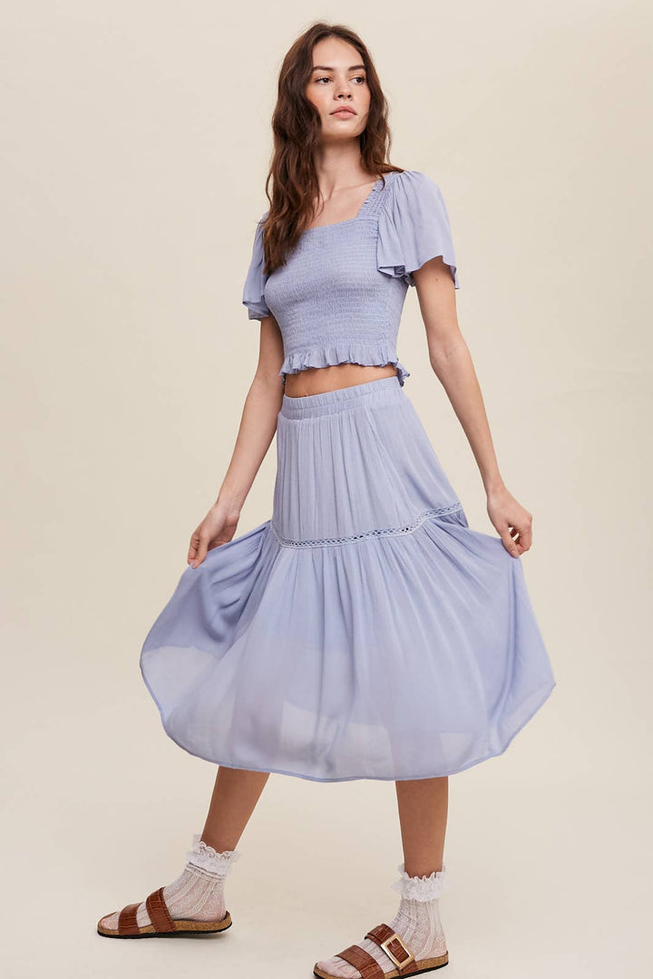 Smocked Crop Top & Tiered Midi Skirt Set: Gray