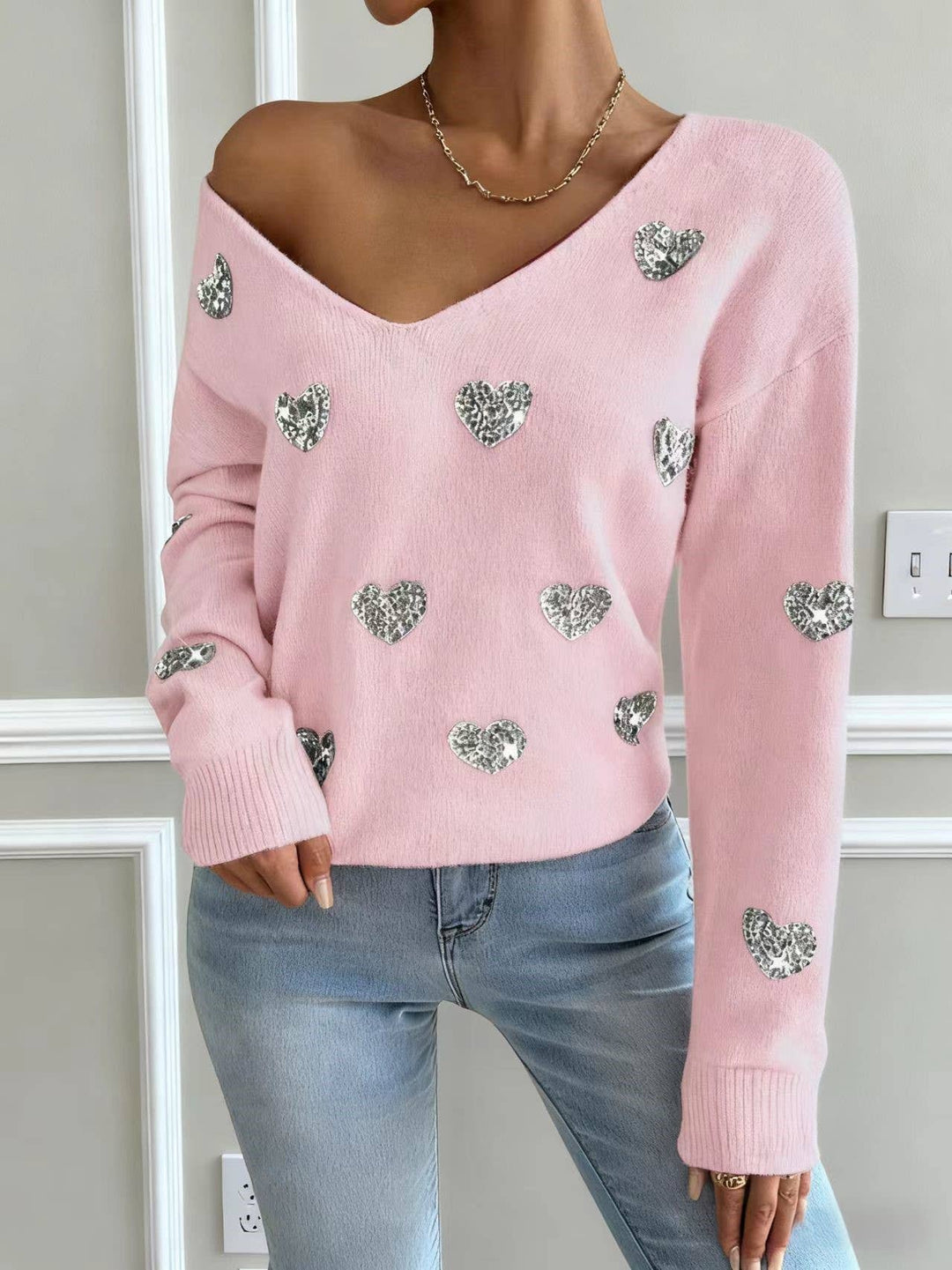 Valentines Sequin Heart Embroidered V-Neck Sweater: White / M