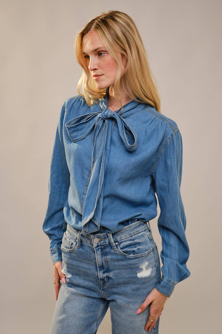 23612T - Tie Neck Hidden Button Chambray Blouse: DARK WASH / S