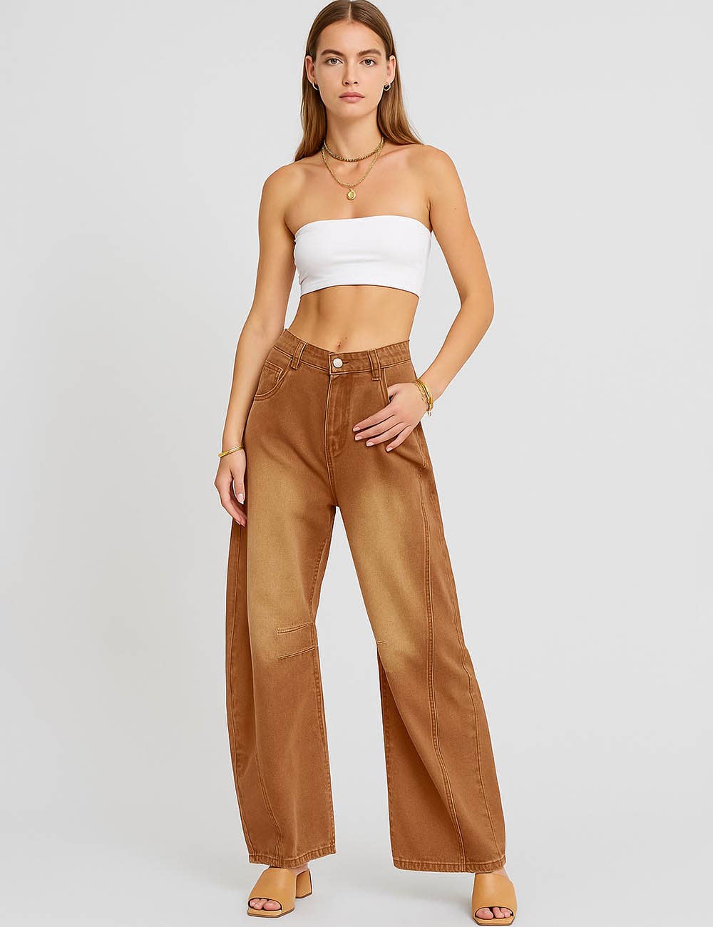 Ladies Mid Rise Wide Leg Barrel Jeans SKP522: Denim Blue / S