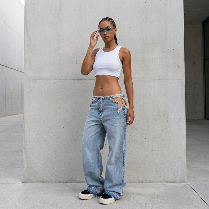 Star Detail Bleached Baggy Jean Pants
