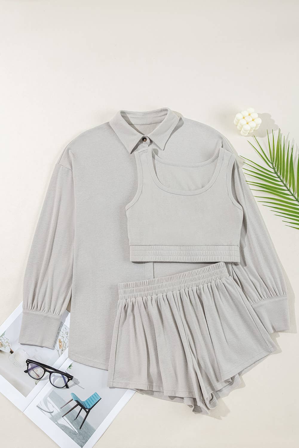 3 Pcs Crop Tank Top Shorts with Cardigan Lounge Set: Gray / Missy
