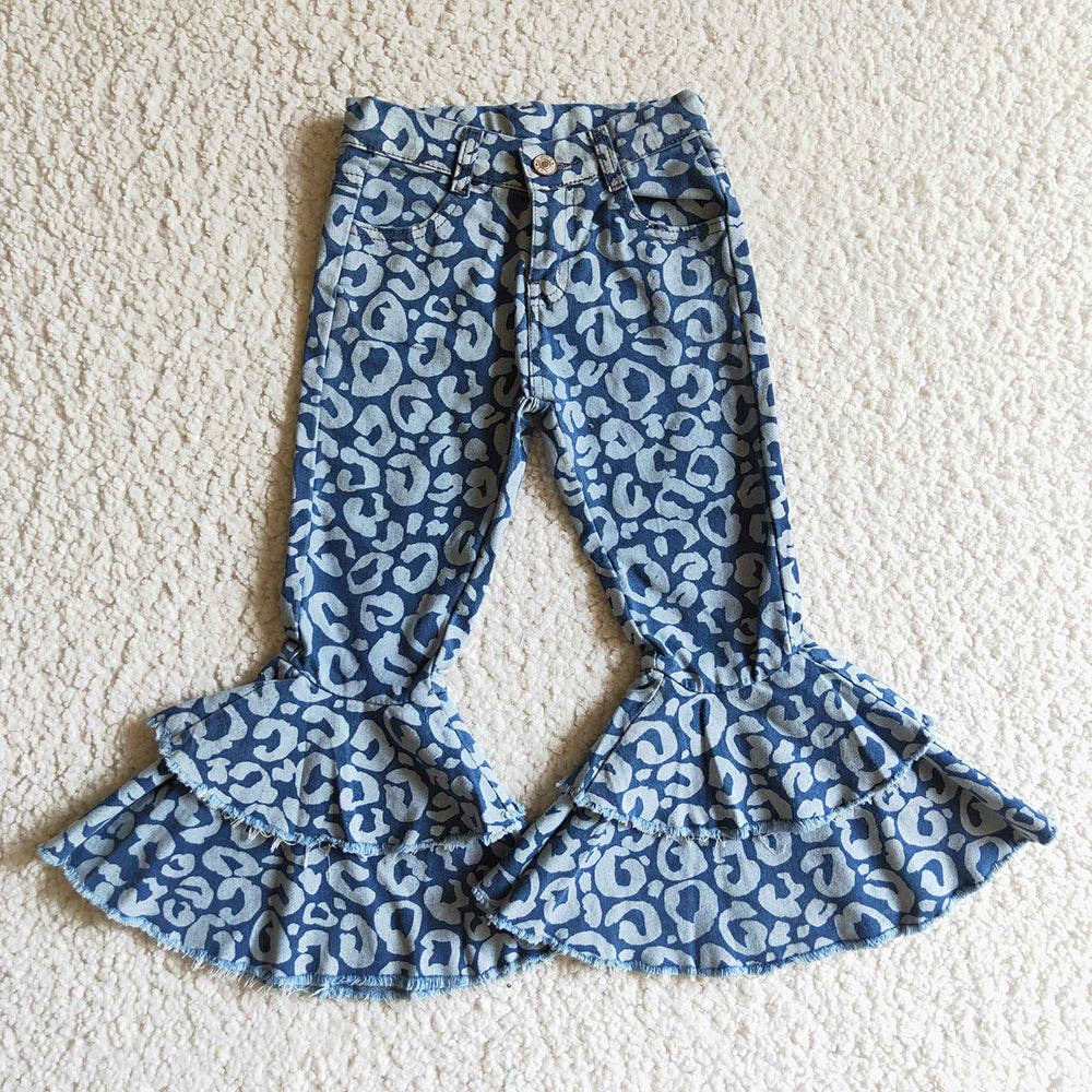 Sibling Baby Girls Blue Leopard Bell Bottoms Denim Jeans