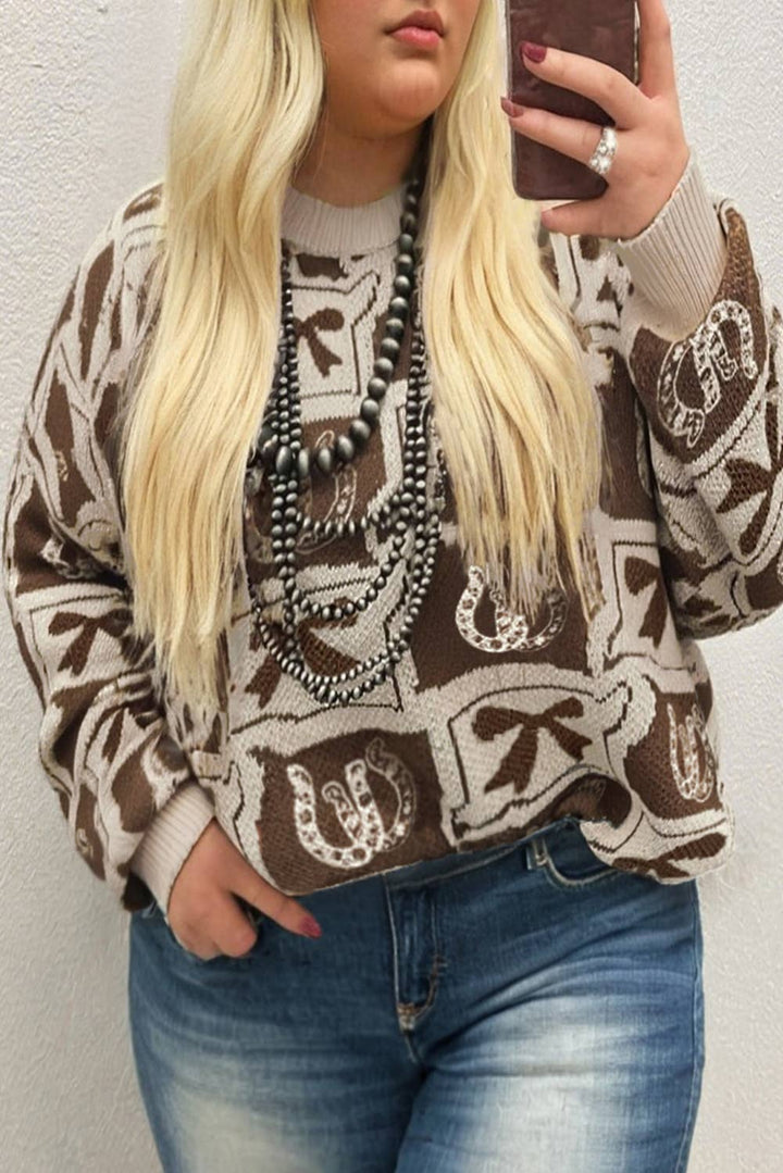 Bows Horseshoes Pattern Western Fashion Print Sweater (S-4X): Brown / S