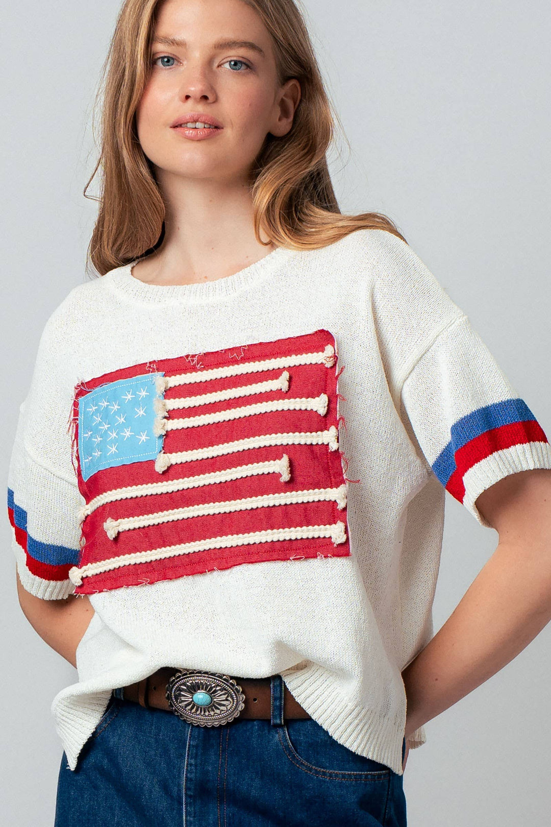 American Flag Applique Knit Sweater with Stripe