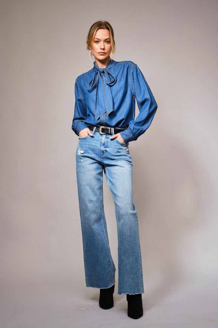 23612T - Tie Neck Hidden Button Chambray Blouse: DARK WASH / M