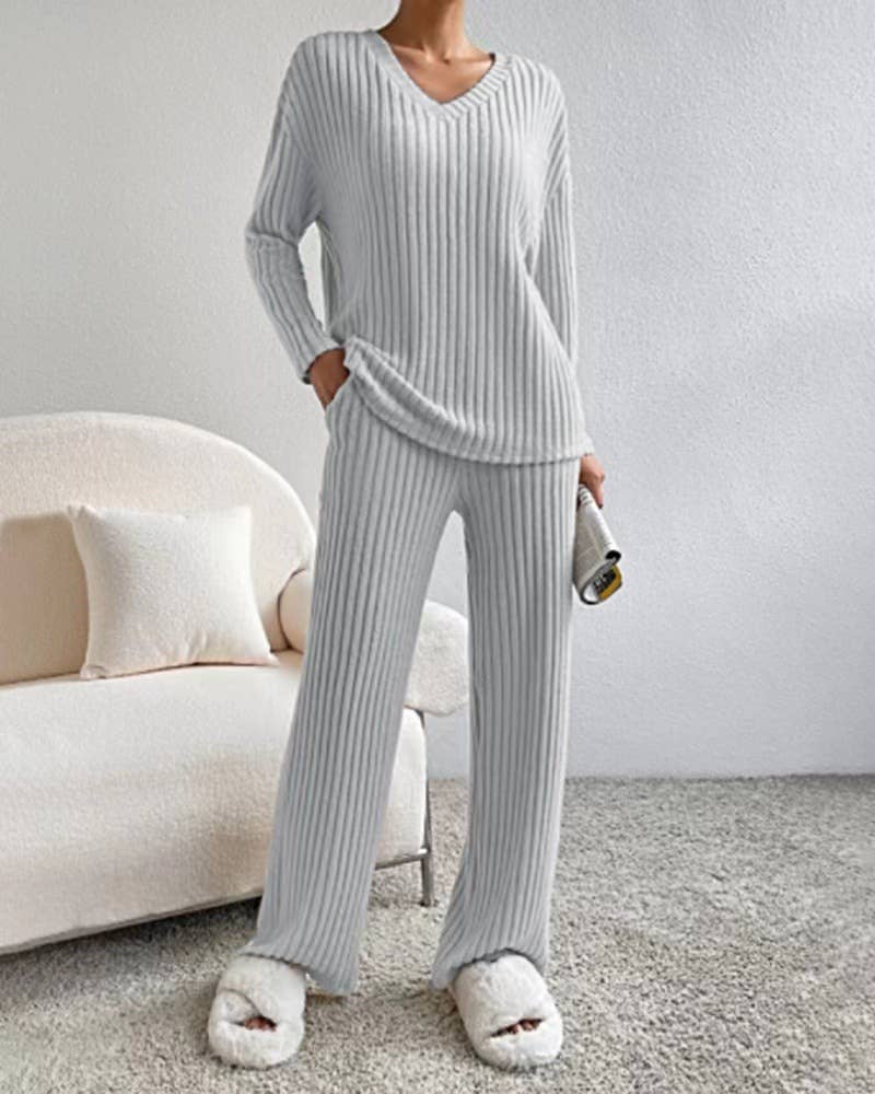 Ribbed Knit Long Sleeve Lounge Pajama Set: Khaki