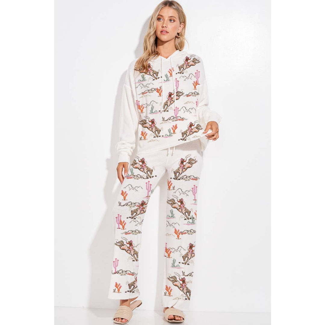 Desert Cowgirl Print Rib Hoodie Loungewear Set : Taupe / L