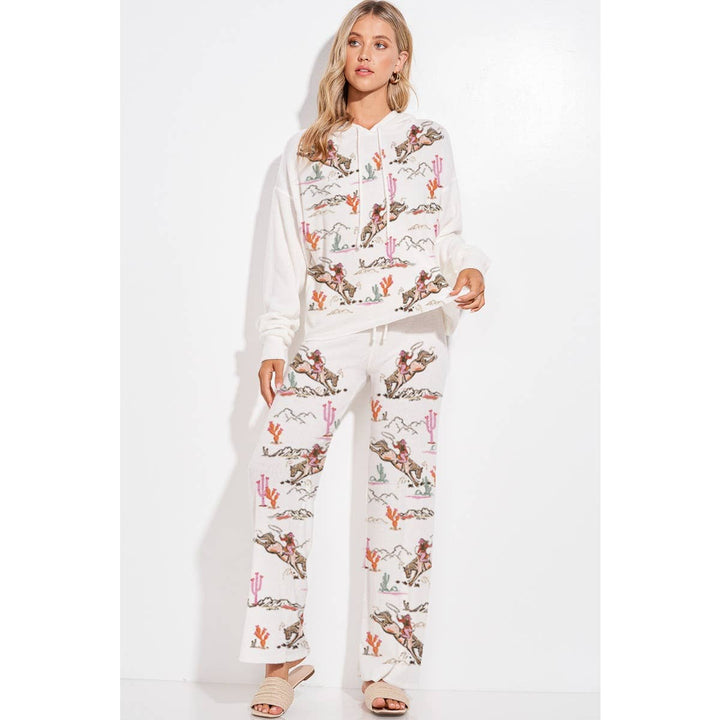 Desert Cowgirl Print Rib Hoodie Loungewear Set : Taupe / L