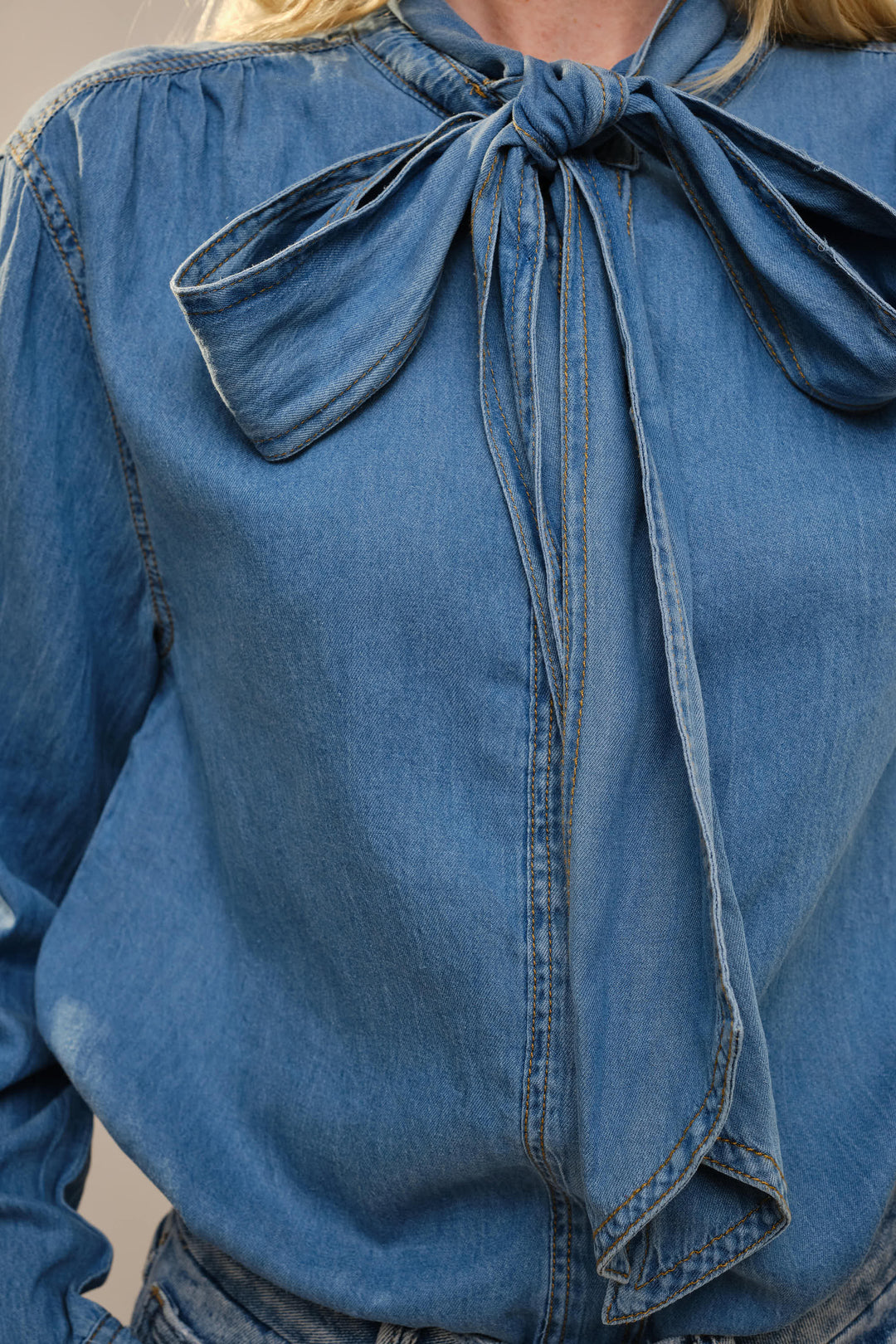 23612T - Tie Neck Hidden Button Chambray Blouse: DARK WASH / M