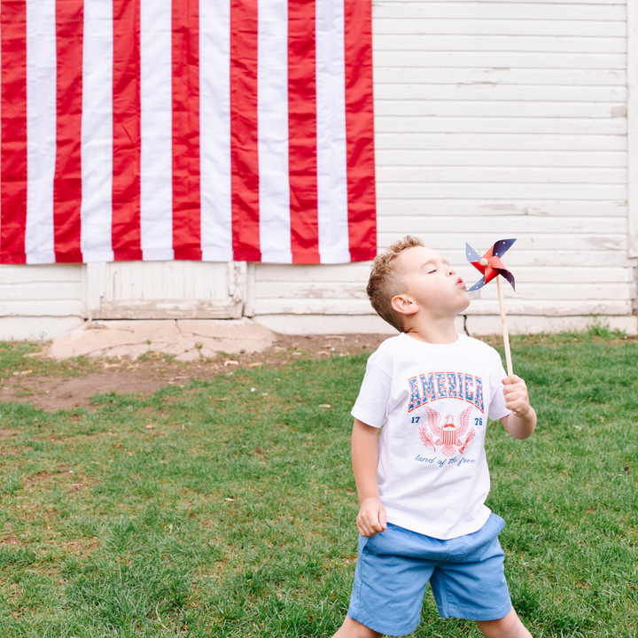 America Land of the Free Boy 4th of July Kids Shirt : WHITE