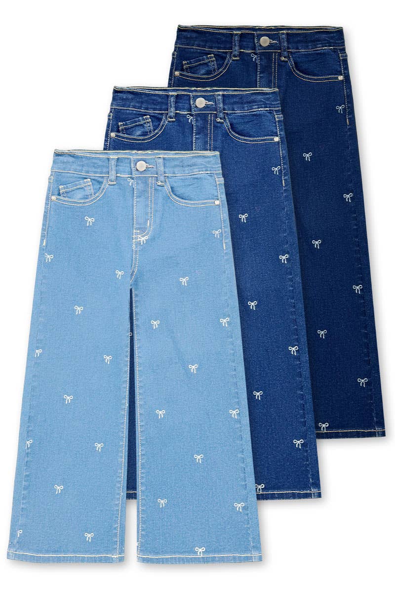 GDP-M26-89469A Girl's Wide Leg Bow Print Denim Jean: Medium Denim
