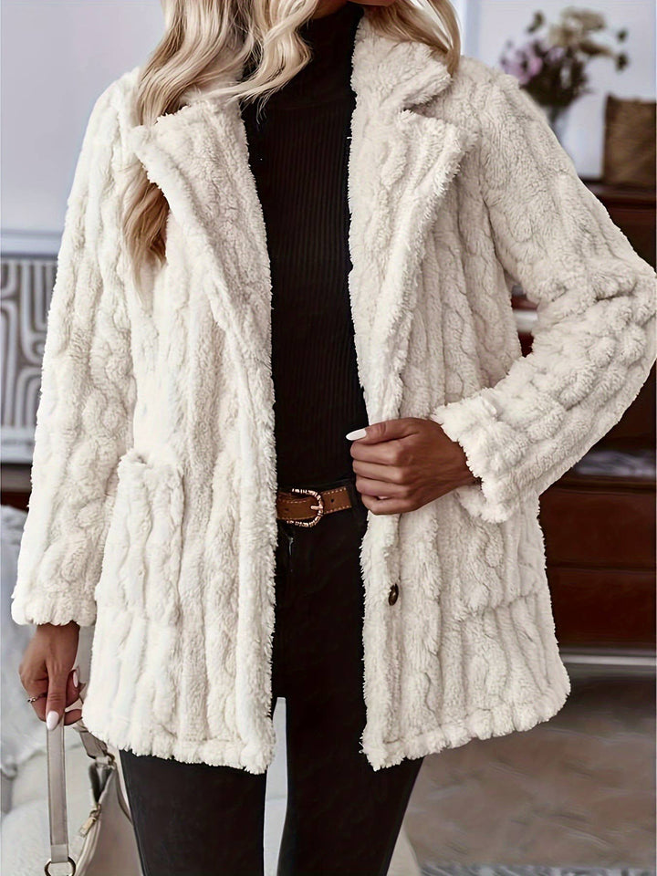 Double-sided Plush Water Ripple Button Pockets Coat: White / S