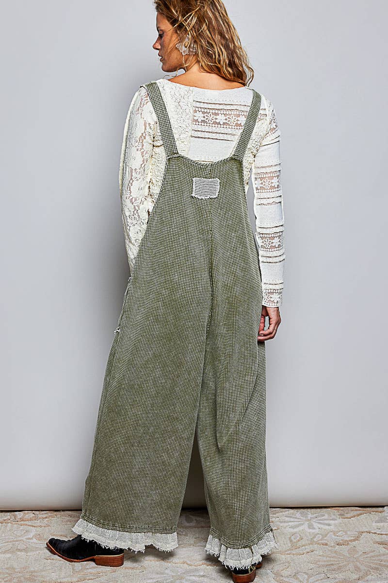 Thermal Cotton Lace Rib Placket Metal Snap Wide Leg Overall