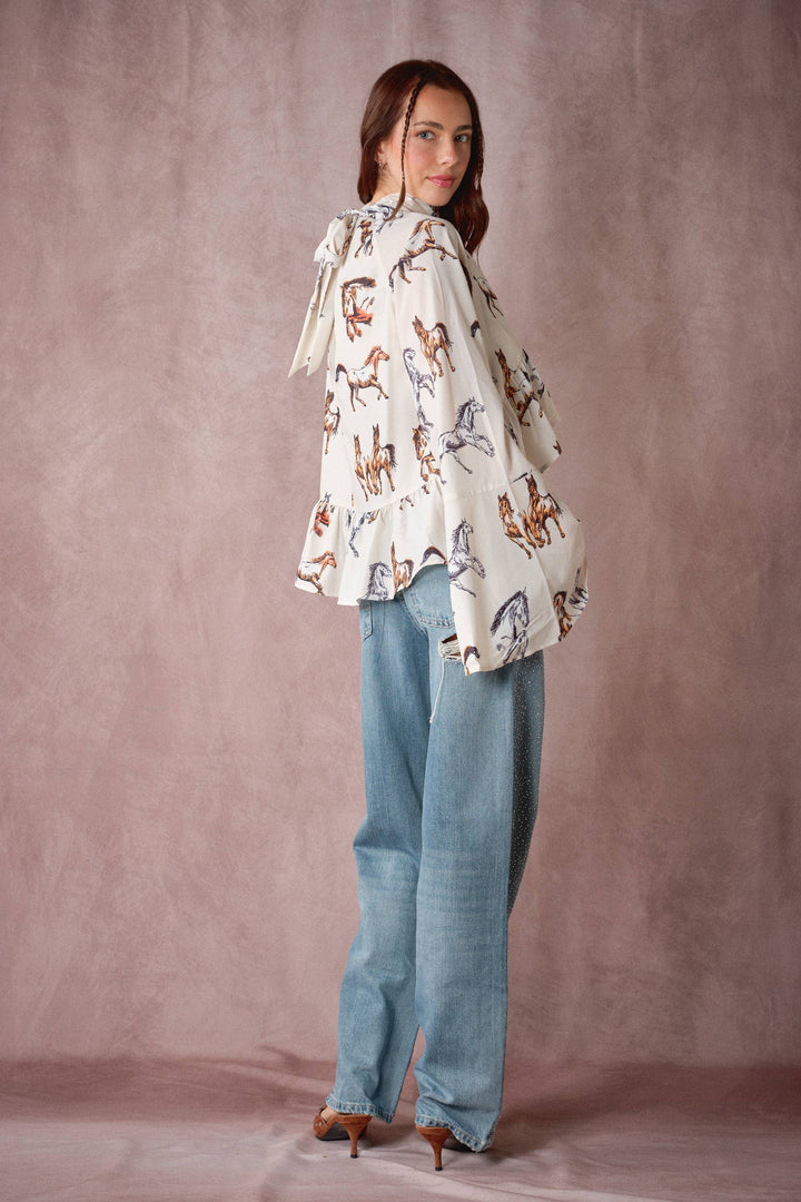 High Neck Horse Print Ruffle Blouse