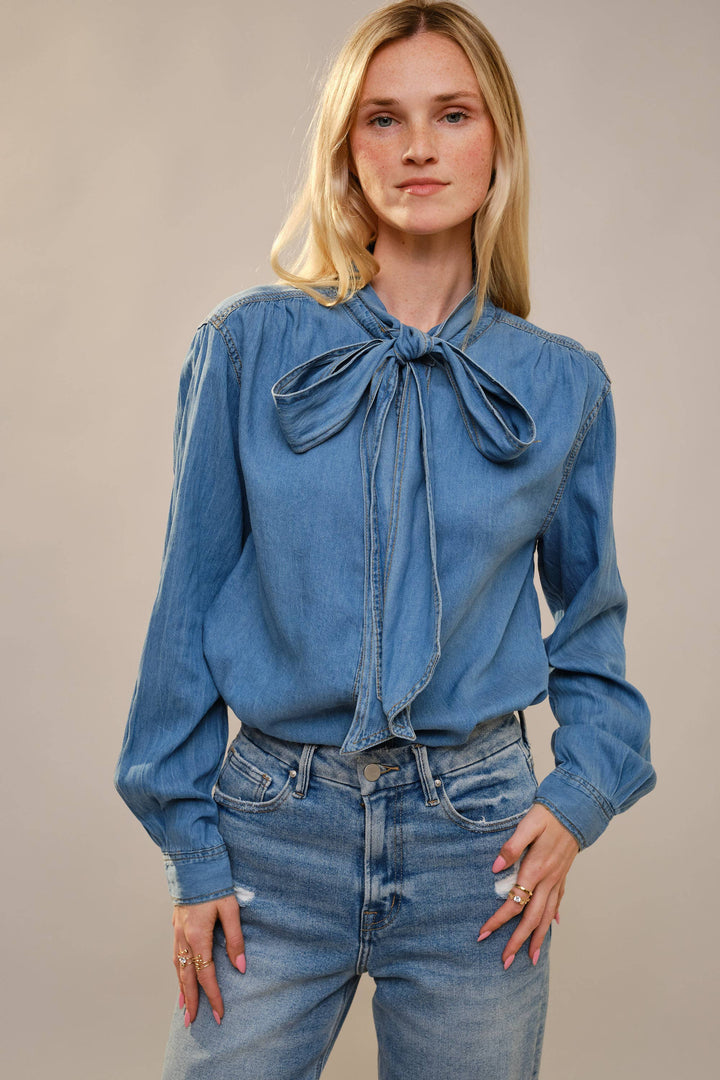 23612T - Tie Neck Hidden Button Chambray Blouse: DARK WASH / L