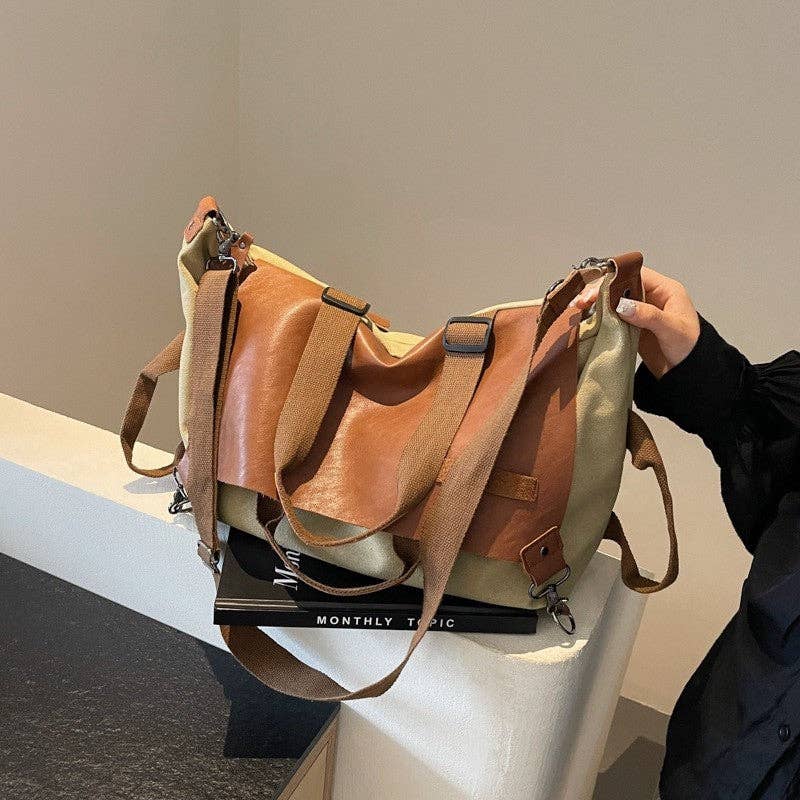 Retro Canvas Patchwork Shoulder Crossbody Bag: Brown / One_size