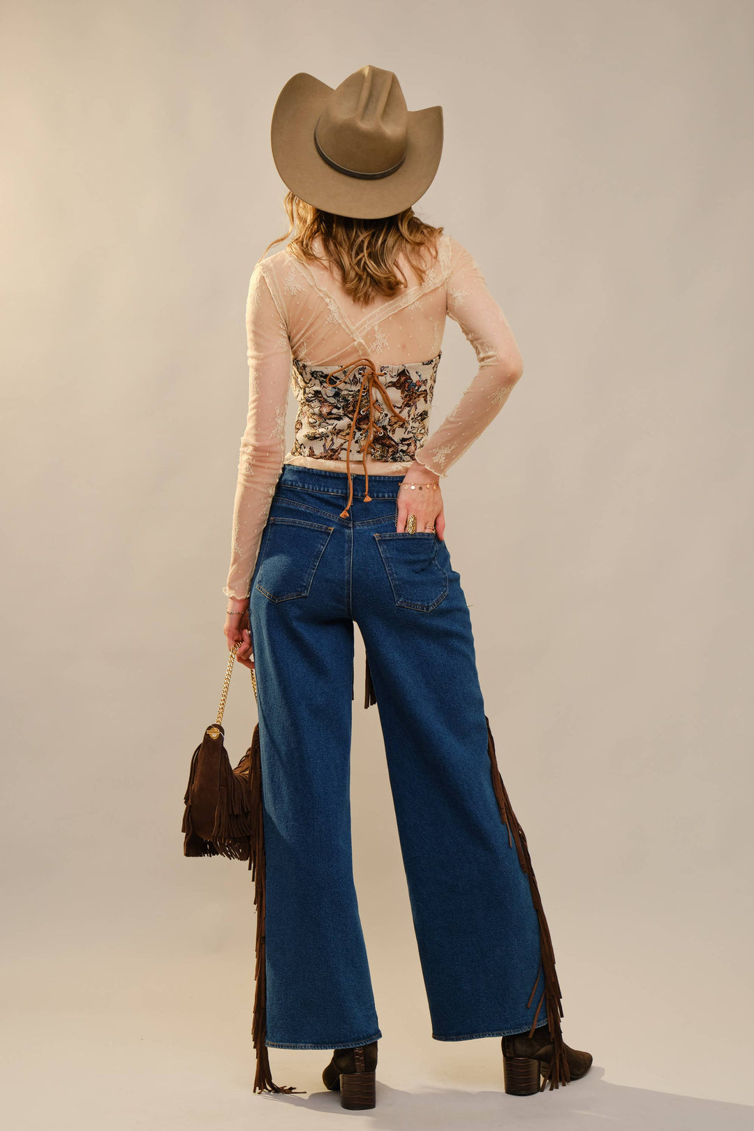 33158T - Horse Jacquard Lace-Up Corset Top: TAUPE MULTI / S-M-L (2-2-2)