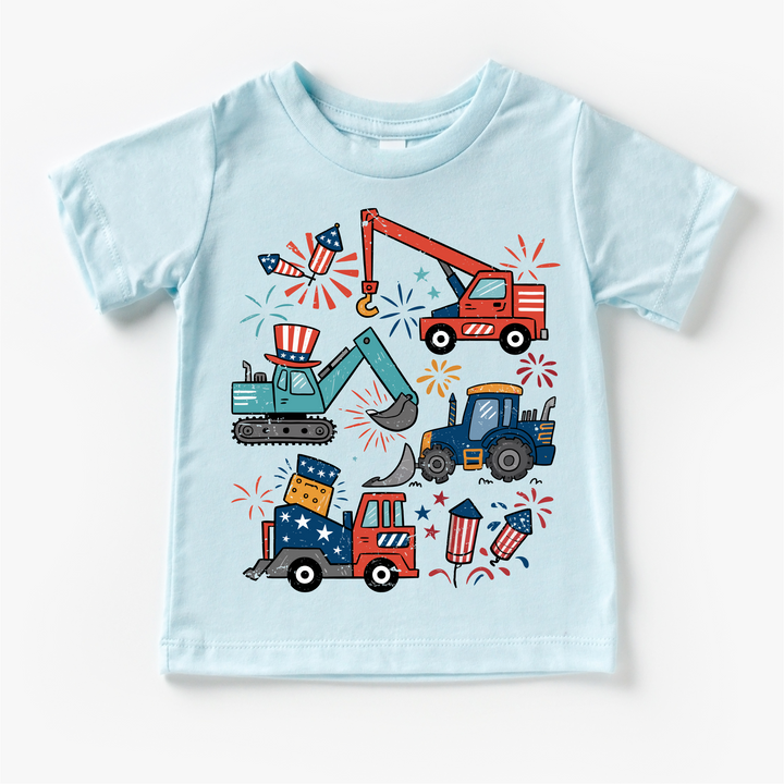 All American Construction Trucks Kids Shirt | 4th of July Boy Tee | Excavator Tractor Fireworks Shirt | Patriotic Toddler Tee: Natural Short Sleeve Tee