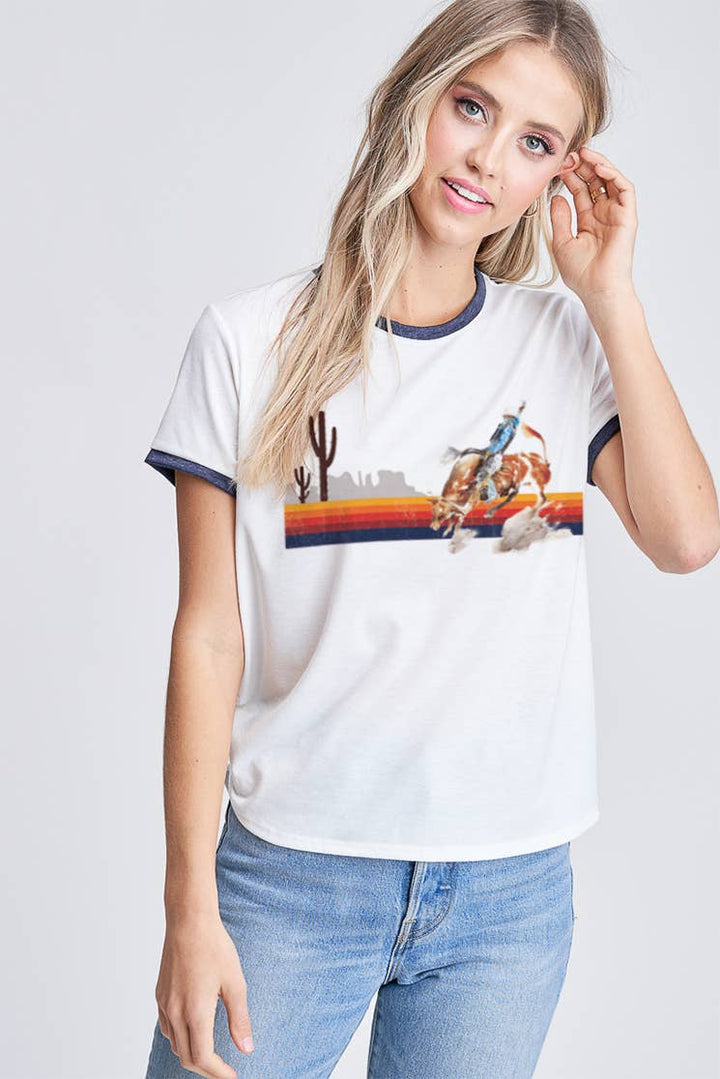 T701G9019 - Casual Stripe Rodeo Ringer Women's Tee: Ivory/Rust / M