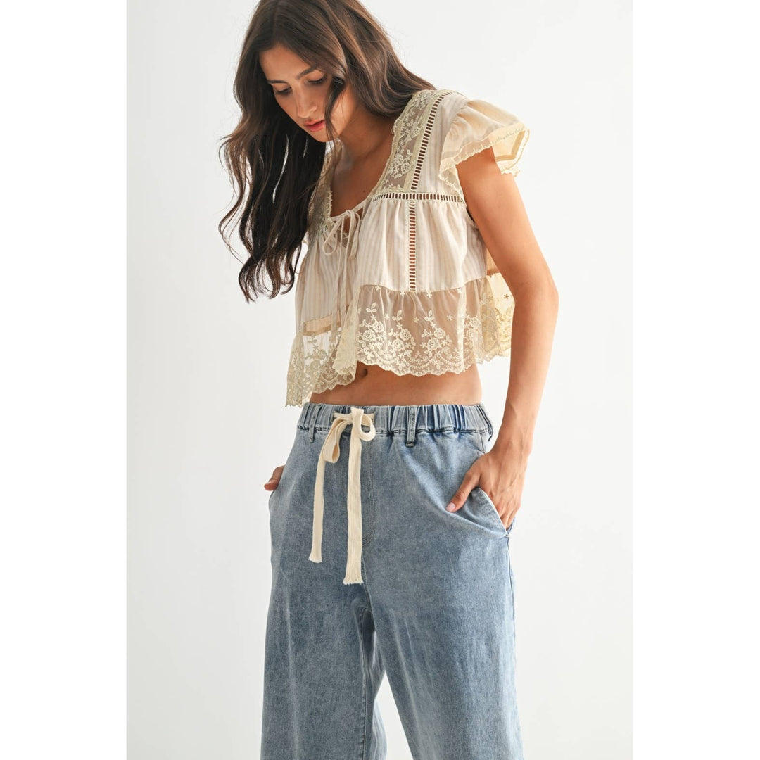 LACE-TRIMMED BLOUSE: SAND / S-M-L(3-2-1)