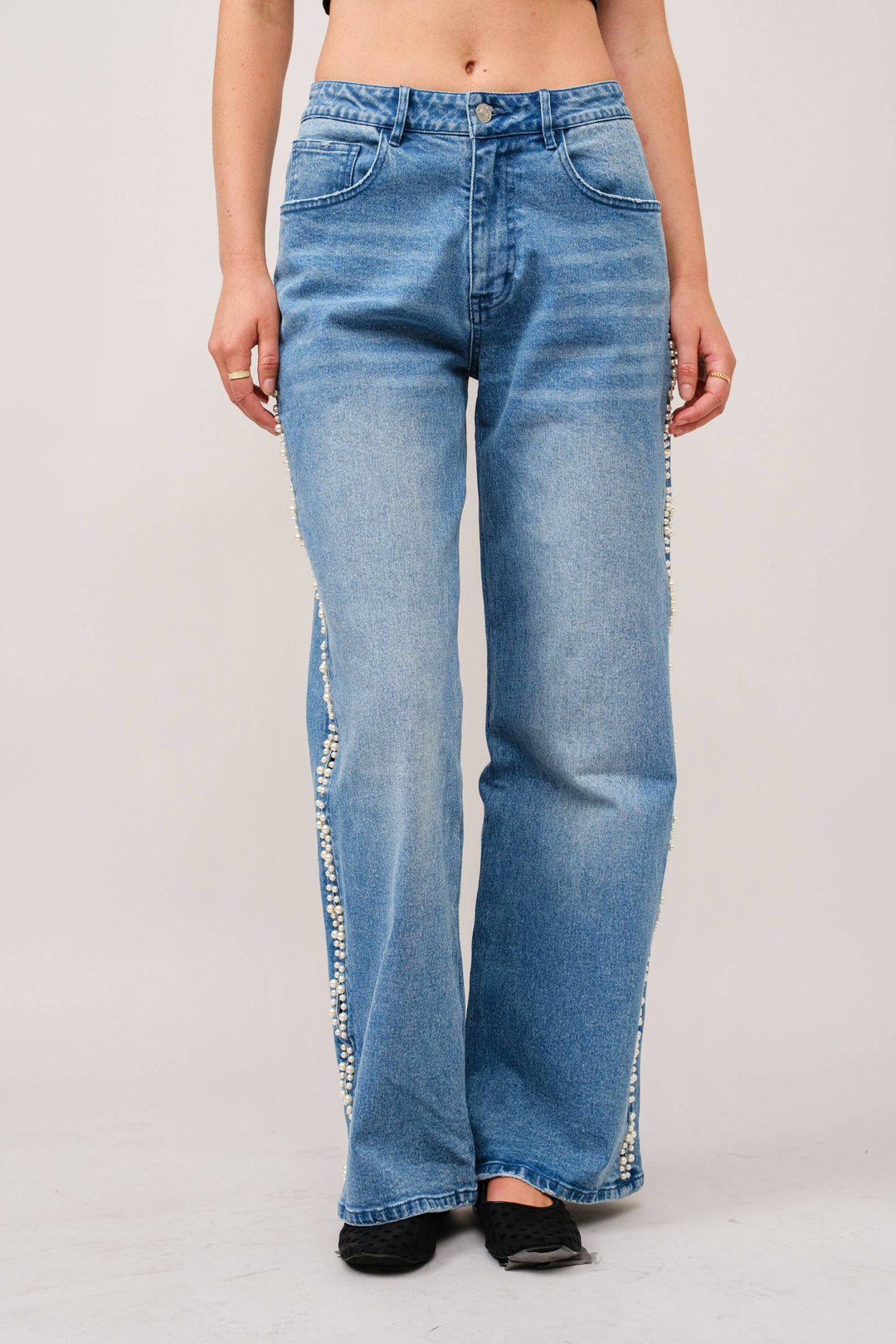 23423P - Pearl Embellished Cut Out Sides Jeans: MED WASH / L