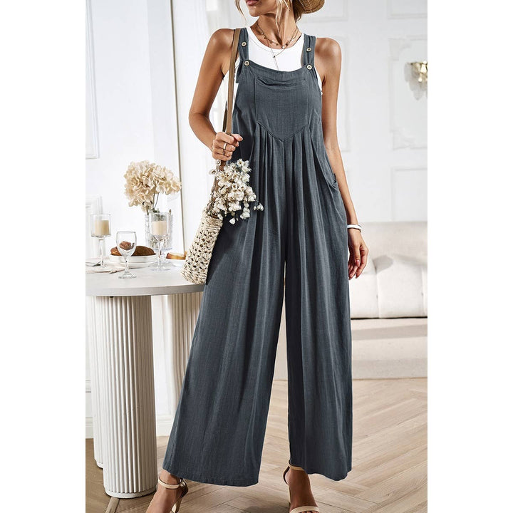Button Detail Wide Leg Overall Pockets Jumpsuit: BEIGE / M