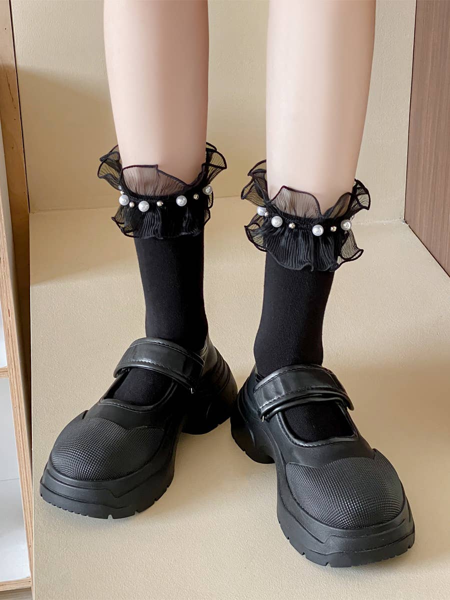 Women's cute lolita style lace socks lace mid-tube socks: White-B